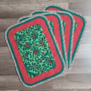 Vintage Placemats Set Cotton Quilted Reversible Christmas Red / Green